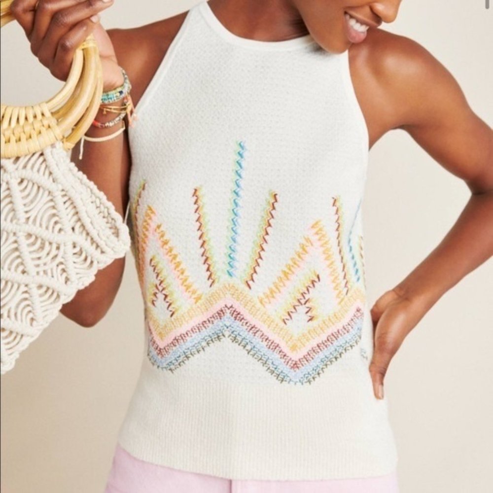 Anthropologie Sunrise Embroidered Sweater Tank